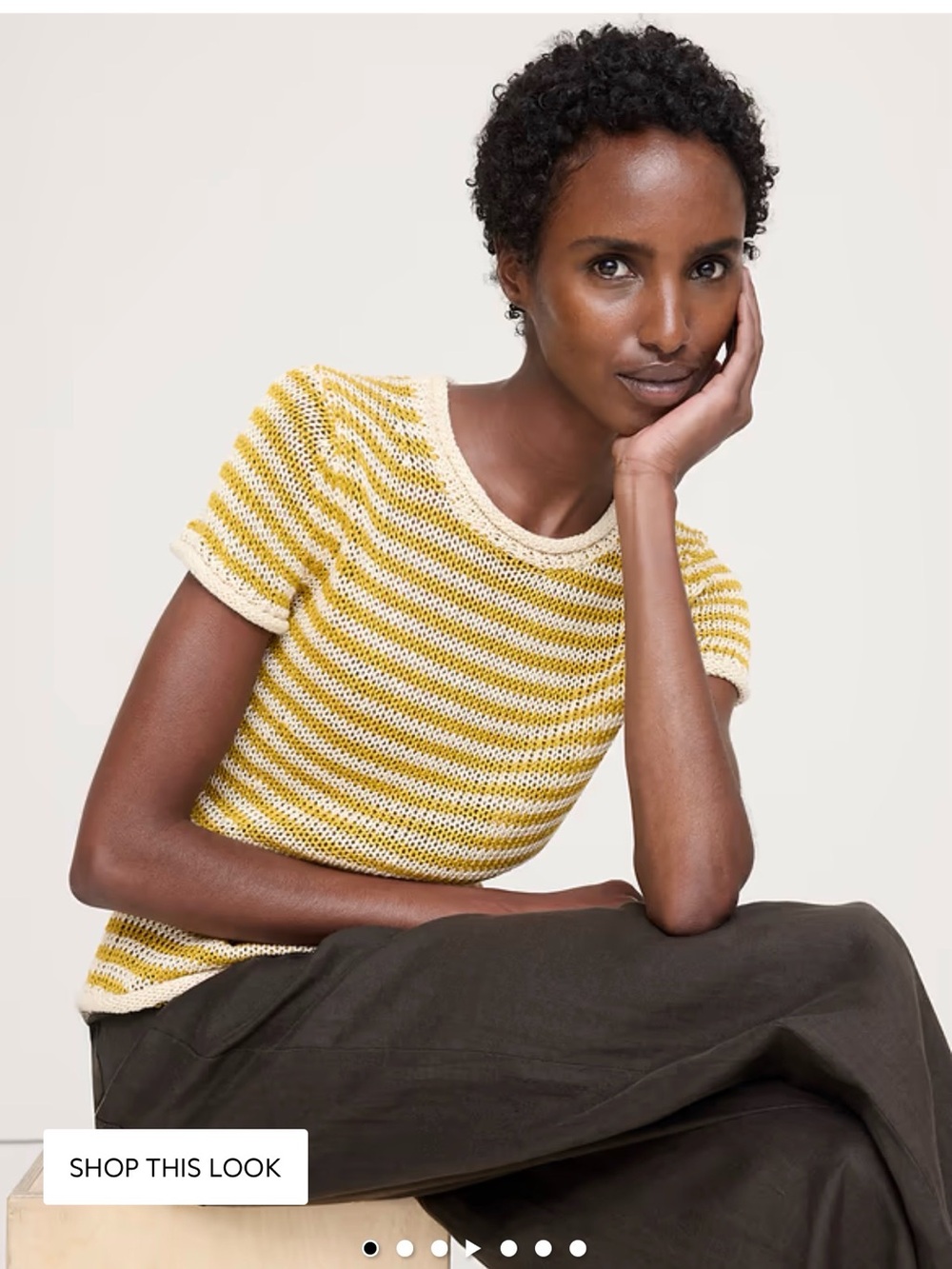 Banana reoublic linen Knit Short-Sleeve Top in Yellow and Cream - M